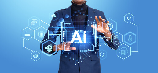 African businessman hands touch AI hologram chip and chat bot icons