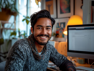 Man with mustache working from home in cozy office with warm lighting and indoor plants