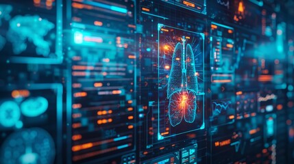 Fototapeta premium Advanced Medical Technology Interface - Futuristic Neon Blue Display for Real-time Diagnostics and Data Analysis