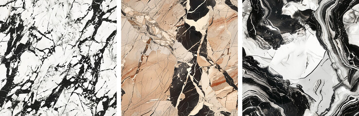 Fototapeta premium Diverse Marble Textures in Black, White, and Beige, perfect for sophisticated interior design, backgrounds, and creative projects.