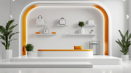 Sleek, contemporary store design featuring white shelves, orange accents, handbags, plants, and minimalist decor. Perfect for retail and interior design inspiration.