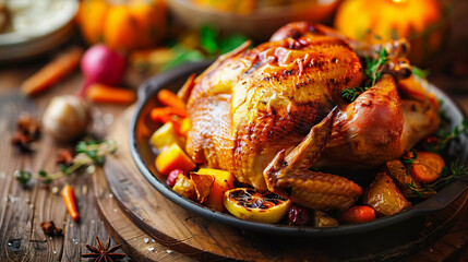 Whole roasted chicken with vegetables at dinner table  