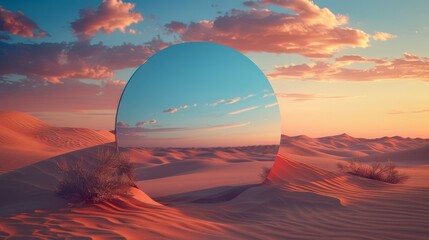 Round mirror on the desert, Desert landscape with with blue sky and circle mirror under sunset. Environment concept. Copy space for Ad