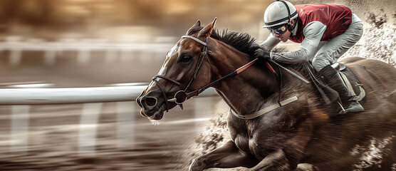 Slow shutter speed rendering of racing horse and jockey with deliberate high saturation
