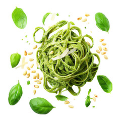 Obraz premium Delicious fresh pasta with pesto sauce, garnished with basil leaves and pine nuts. Perfect for an Italian cuisine theme.