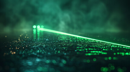 Green beams laser on black background.