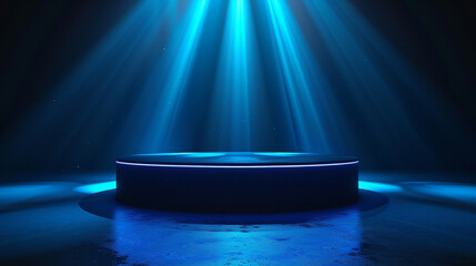 Luxury podium for your product with blue laser on black background. Generative AI