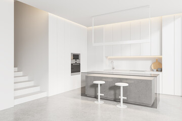 Modern home kitchen interior with bar island and stool, cooking cabinet