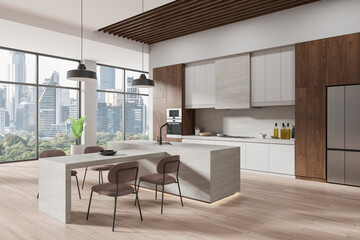 Luxury home kitchen interior with bar counter and cabinet, panoramic window