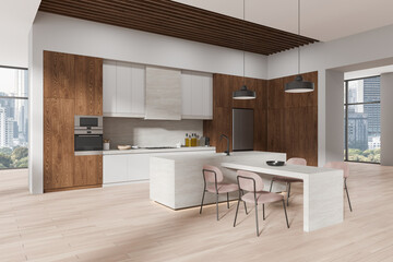 Modern kitchen with wooden cabinets and a large island with chairs, in a bright high-rise apartment. Interior design concept.  3D Rendering © ImageFlow