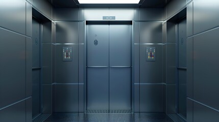 Realistic elevator cabin with closed doors inside view. Empty lift interior with chrome metal buttons and digital panel, office, hotel or dwelling indoors speedy transportation 3d