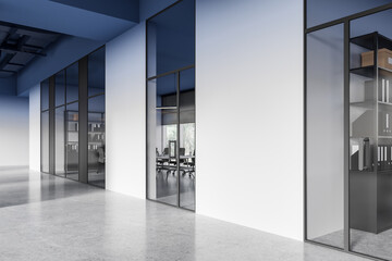 Industrial office room interior hallway, glass business rooms and mockup wall