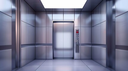 Realistic elevator cabin with closed doors inside view. Empty lift interior with chrome metal buttons and digital panel, office, hotel or dwelling indoors speedy transportation 3d