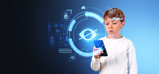 Child using a smartphone with futuristic holograms, digital grap