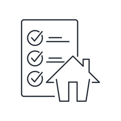 House with compliance document. Vector linear icon isolated on white background.