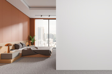Orange home bedroom interior with bed and nightstand, window. Mockup wall