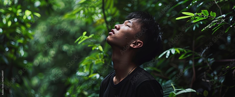 Canvas Prints A Young Asian Man Walks Into A Forest, Leaning Against A Tree As He Looks Up, His Posture One Of Deep Reflection And Connection With The Natural World - Canvas Prints