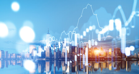 Fototapeta premium Forex graph changes, candlesticks and lines with bars. New York skyscrapers