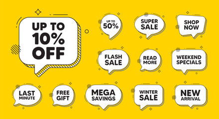 Obraz premium Offer speech bubble icons. Up to 10 percent off sale. Discount offer price sign. Special offer symbol. Save 10 percentages. Discount tag chat offer. Speech bubble discount banner. Vector