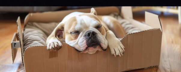 France bulldog sleeping inside a cardboard box shaped like a bunny bed
