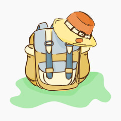 a cartoon backpack with a hat on it