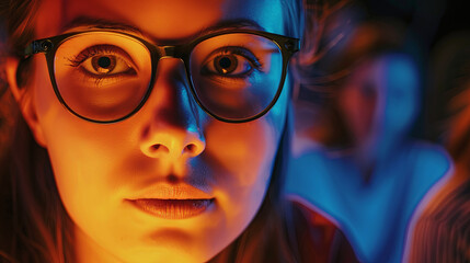 Obraz premium close up portrait of a young woman with glasses in the cinema, generative AI