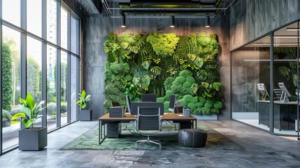 Contemporary office featuring green plant walls, stylish decor, and high-tech gadgets, merging natural elements with modern design