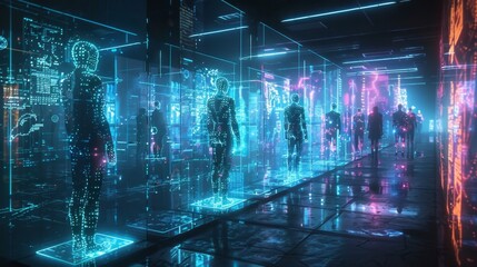 Fototapeta premium Virtual Innovators - AI Hackathon in Neon Digital Landscape