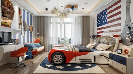 Contemporary boy's room, car-shaped bed centerpiece, USA flag theme, sophisticated and stylish interior design, perfect for a young modern enthusiast