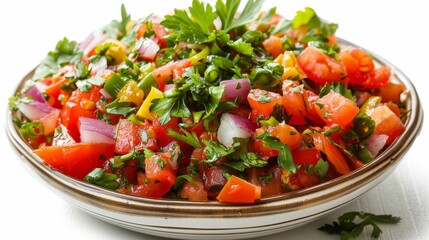 Colorful cooked salsa with chunks of tomatoes, onions, chilies, and cilantro, top view on a white background, illuminated by studio lighting