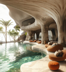 Experience the tranquility of modern organic architecture by the poolside with a tropical ambience