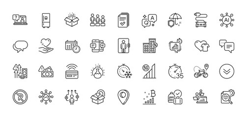 Equality, Car charge and Contactless payment line icons pack. AI, Question and Answer, Map pin icons. Teamwork, Scroll down, Timer web icon. Refrigerator, Elevator, Faq pictogram. Vector