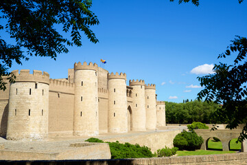 Exterior view of Aljaferia castle palace in Zaragoza, Spain