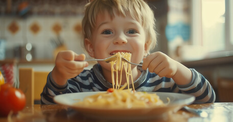 Cute little kid boy eating spaghetti bolognese or pasta macaroni bolognese at home. Happy child eating fresh cooked healthy meal with noodles. Generative Ai.