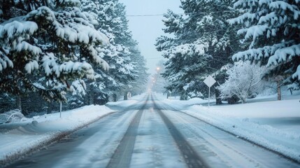 Pine trees encircle a street covered in snow