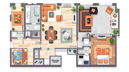 Plan floor apartments set. Studio, condominium, flat, house. One, two bedroom apartment. Interior design elements bedroom, bathroom with symbols furniture. Vector architecture 2D floor plan