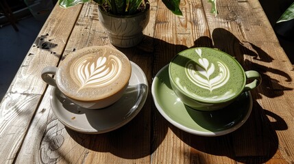 Coffee and Green Tea Latte Art Displayed on a Wooden Table