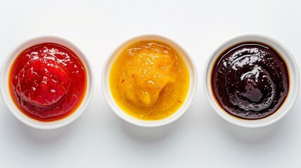 Close-up of vibrant ketchup in elegant bowls, showcasing its rich, sweet, and spiced texture, isolated on a white background with studio lighting