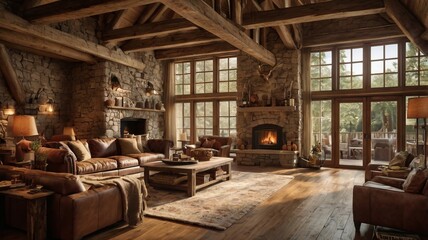 Fototapeta premium Rustic design interior wooden beams, stone walls, with comfortable leather furniture, a large stone fireplace, wooden flooring, seating with wool blankets, throw pillows, antlers and vintage lanterns