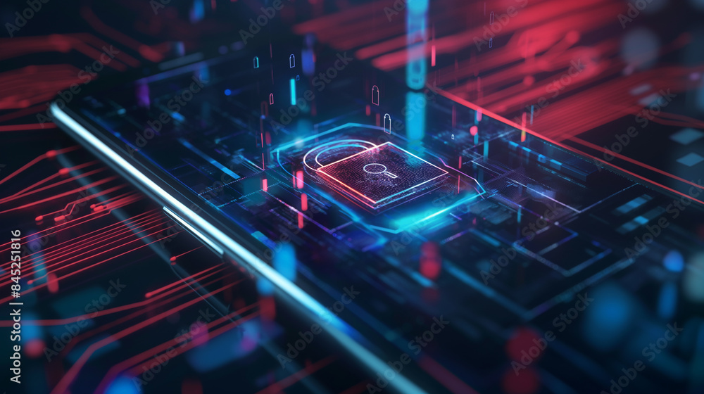 Poster cyber security concept with digital padlock display on smartphone screen, digital data protection so