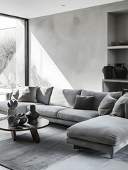 Panoramic gray living room corner with sofa