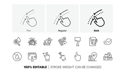 No waterproof, Diesel station and Reject file line icons. Pack of Checkbox, Distribution, Table lamp icon. Wholesale goods, Podcast, Swipe up pictogram. Touchscreen gesture, Wallet. Line icons. Vector