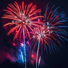 Fototapeta premium Explosive Red and Blue Fireworks Display Night Sky