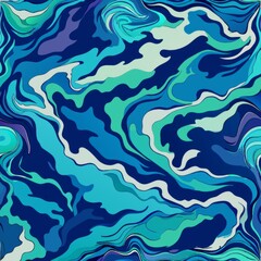 Seamless pattern of oceanic liquid marble with deep blues and seafoam greens, Generative AI
