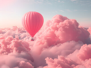 Obraz premium A hot air balloon floats in a pink sky, with clouds in the background.