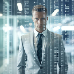 Fototapeta premium The architect of digital intelligence: a man in a suit stands before a wall of binary code, representing the future of ai