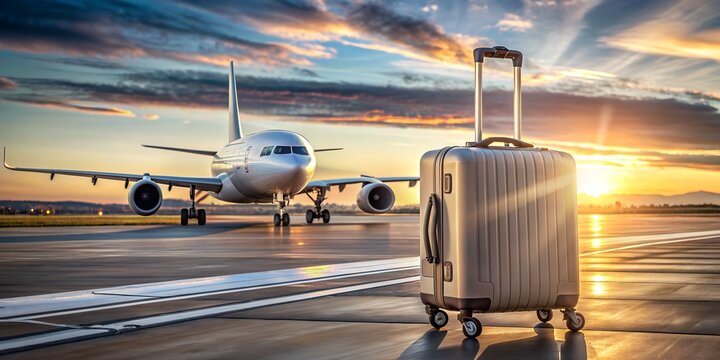 Fliegen - Flugreise - Koffer Trolley am Rollfeld mit Flugzeug im Hintergrund - Urlaub und Ferien - Business Trip - Gep&auml;ck Transport