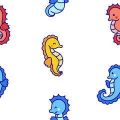 Cute kawaii seahorse. Seamless pattern. Cartoon underwater animal characters. Hand drawn style. Vector drawing. Design ornaments.
