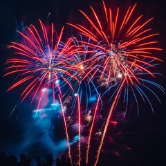 Explosive Red and Blue Fireworks Display Night Sky