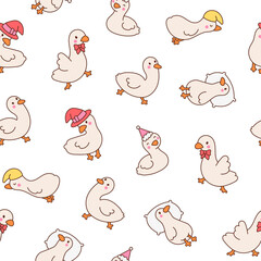 Cute kawaii goose. Seamless pattern. Cartoon funny duck characters. Hand drawn style. Vector drawing. Design ornaments.